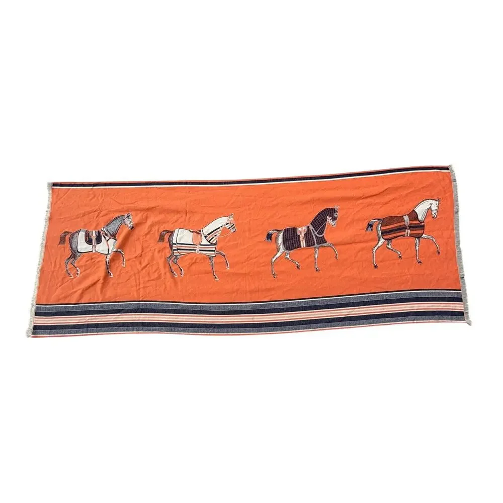 Horse Equestrian Pashmina Scarf - Orange/Blue/Beige